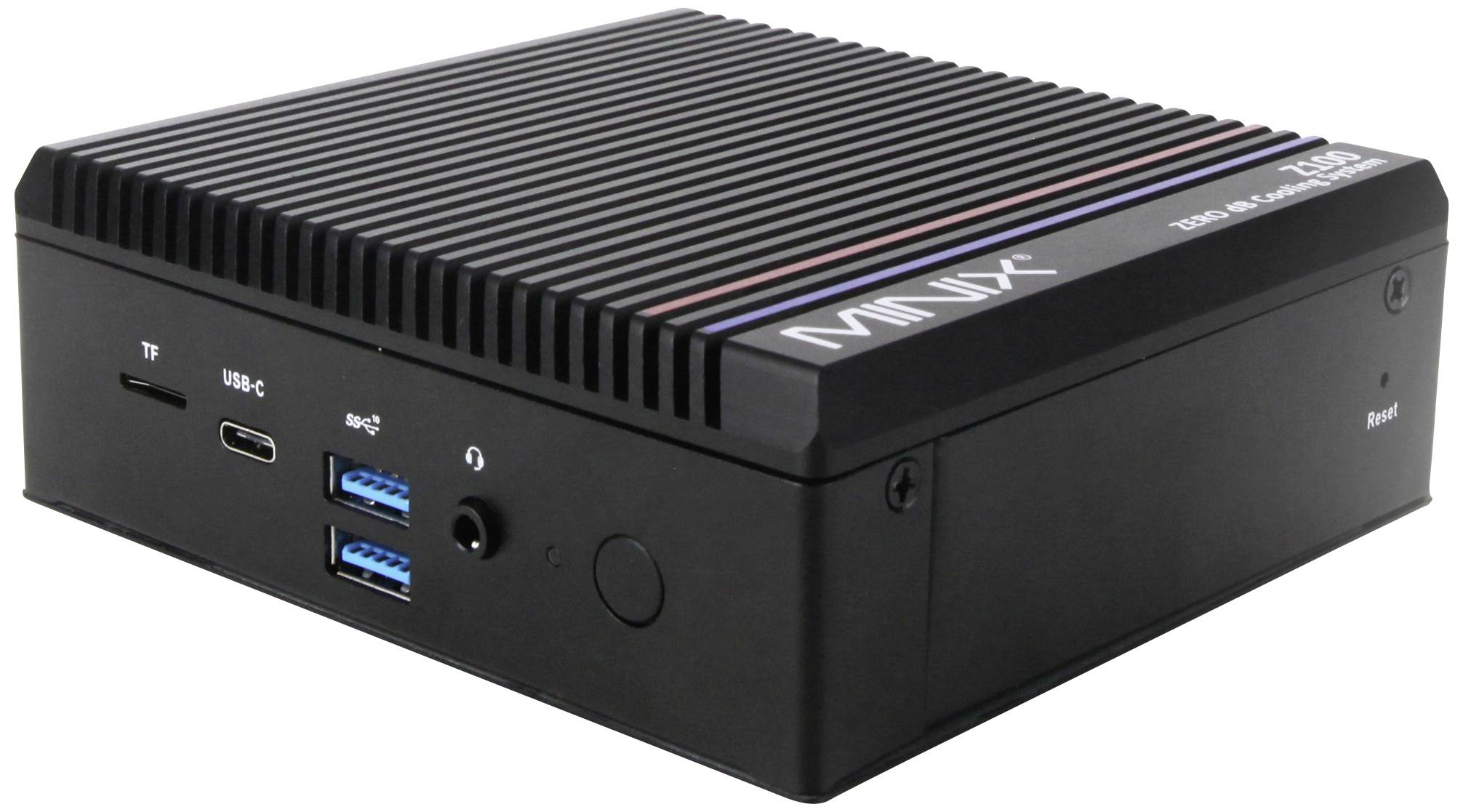 Ein schwarzer Mini-PC mit mehreren Anschlüssen an der Vorderseite, darunter USB-C und USB-A.