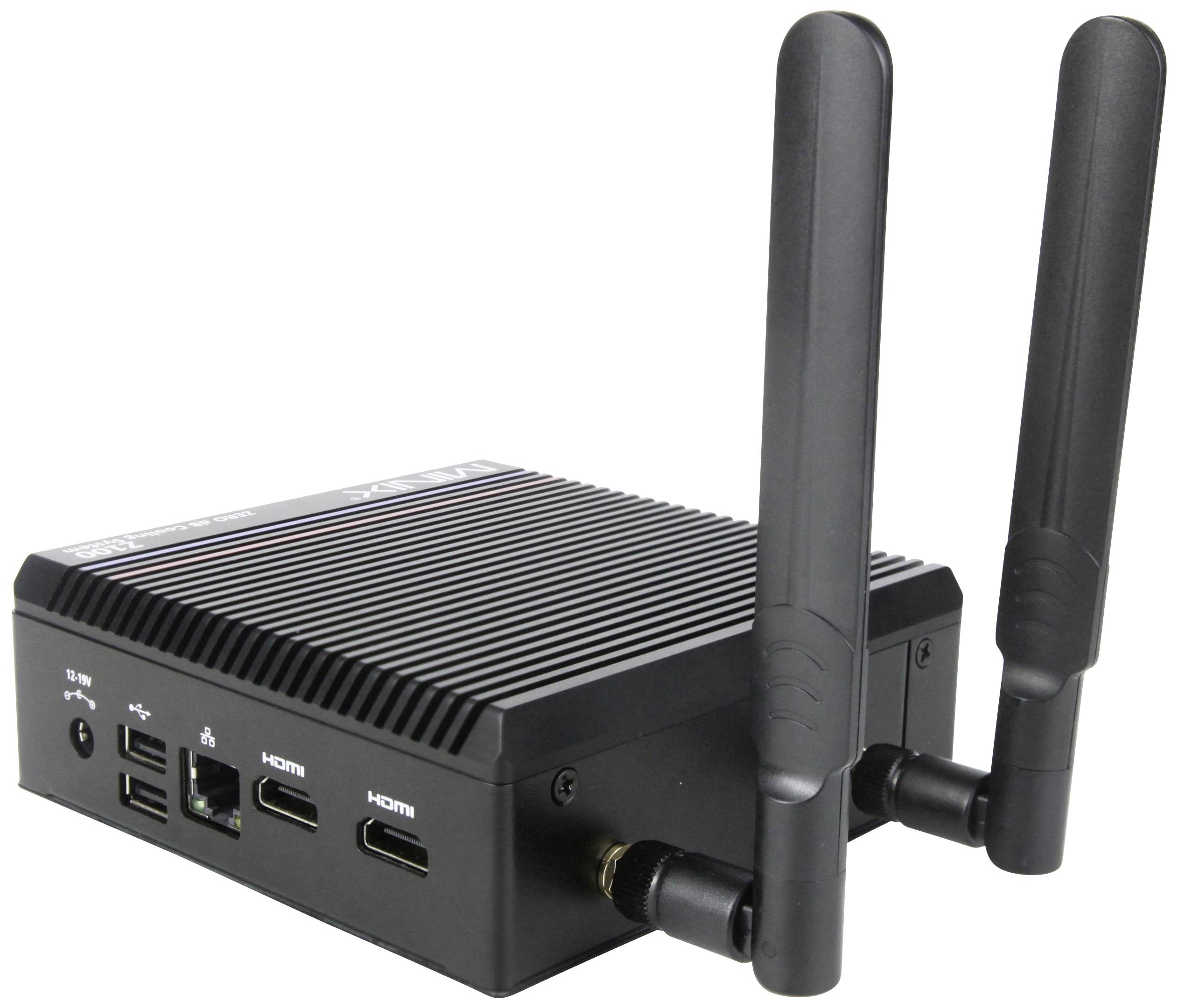 Ein kleiner, schwarzer Computer mit WLAN-Antennen, HDMI-Anschlüssen und USB-Ports, geeignet für Netzwerk- und Medienanwendungen.