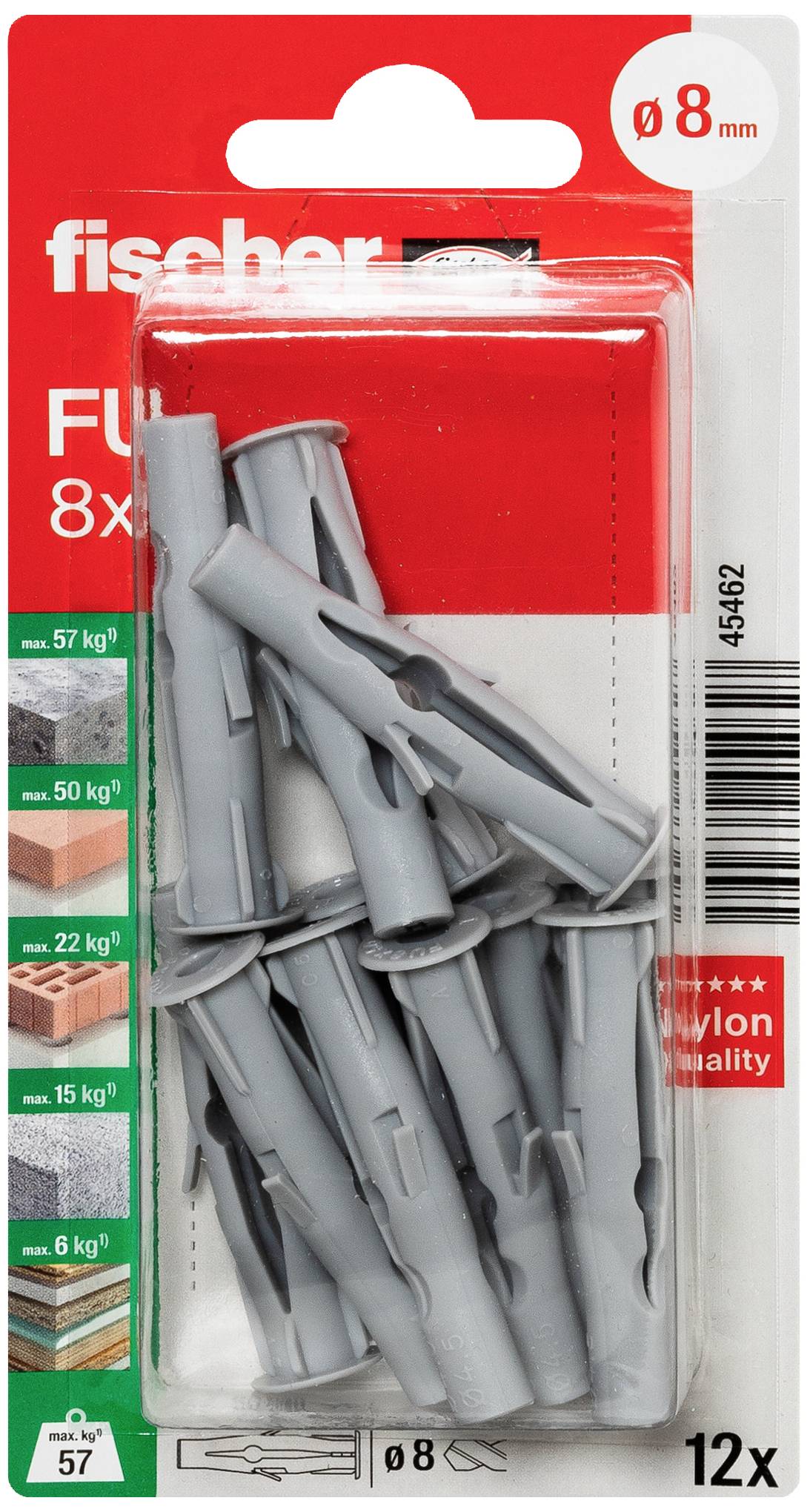 Packung mit grauen Dübeln der Marke Fischer, Größe 8x40 mm, geeignet für unterschiedliche Materialien mit Tragkraftangaben.