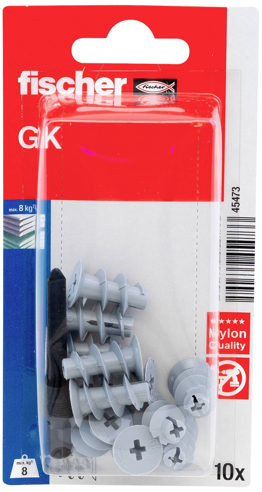 Eine Verpackung mit grauen Dübeln der Marke Fischer, Modell GK, geeignet für 8 kg Lasten, mit 10 Stück im Set.
