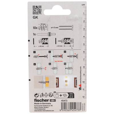 Verpackung für Fischer GK Wanddübel, zeigt 10 Dübel, 1 Bohrer, Installationsschritte und Größenleitfaden für 4-5 mm Schrauben in Gipskartonplatten.