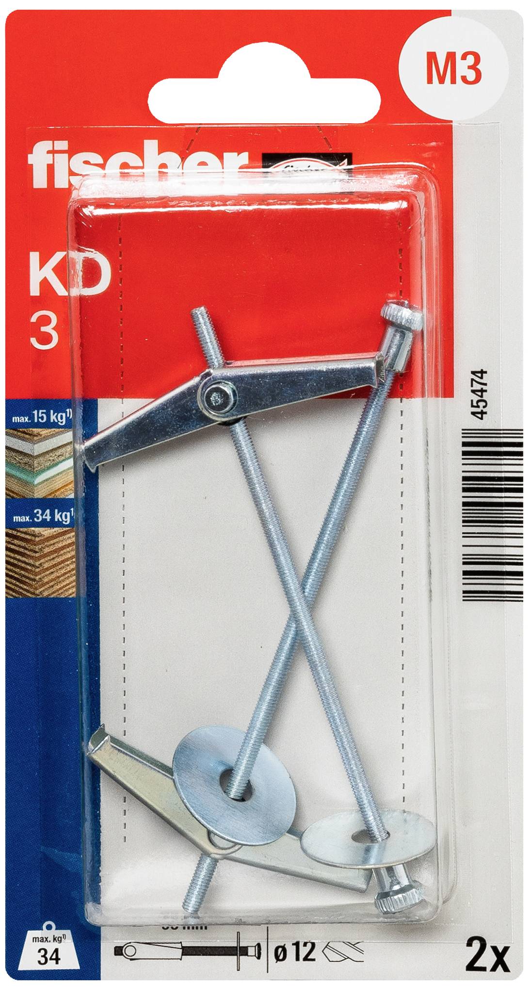 'Fischer KD 3' Metallspreizdübel-Set in Kunststoffverpackung, geeignet für Hohlräume. Hält bis zu 15 kg in 12 mm dicken Wänden.
