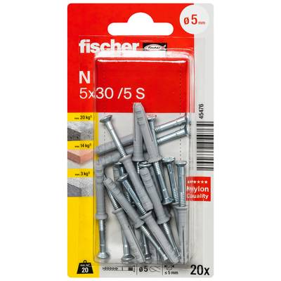 Packung Fischer Dübel und Schrauben, Größe 5x30, 20 Stück, für Mauerwerk und Beton