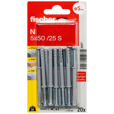 Packung Fischer Nylon-Dübel, Größe 5 x 50/25 S, 20 Stück, für 5 mm Schrauben; gekennzeichnet bis 20 kg.