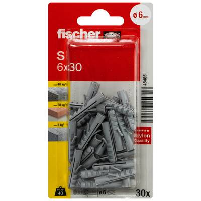 Paket Fischer Nylon-Dübel, Größe 6x30 mm, 30 Stück, für Mauerwerk und Beton, mit Tragfähigkeitsangaben auf der Vorderseite.