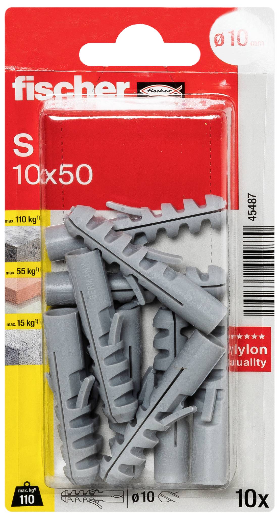 Plastikdübel in einer Verpackung, passend für Bohrungen von 10 mm. Zehn Stück pro Packung. Verpackung zeigt Marke 'fischer'.