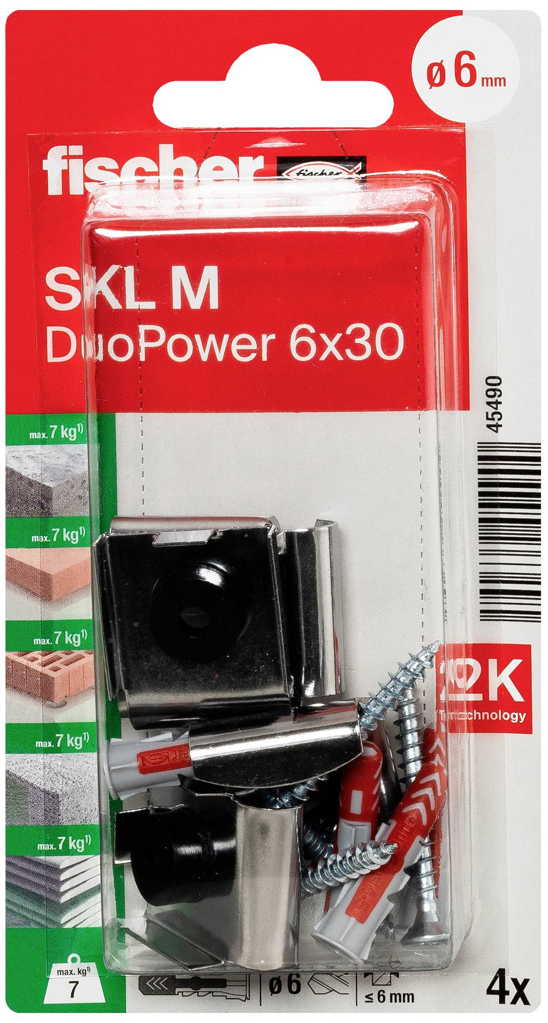 Verpackung mit Fischer Dübeln und Schrauben, Typ 'DuoPower 6x30'. Geeignet für Ziegel- und Betonwände, Tragfähigkeit bis 7 kg.