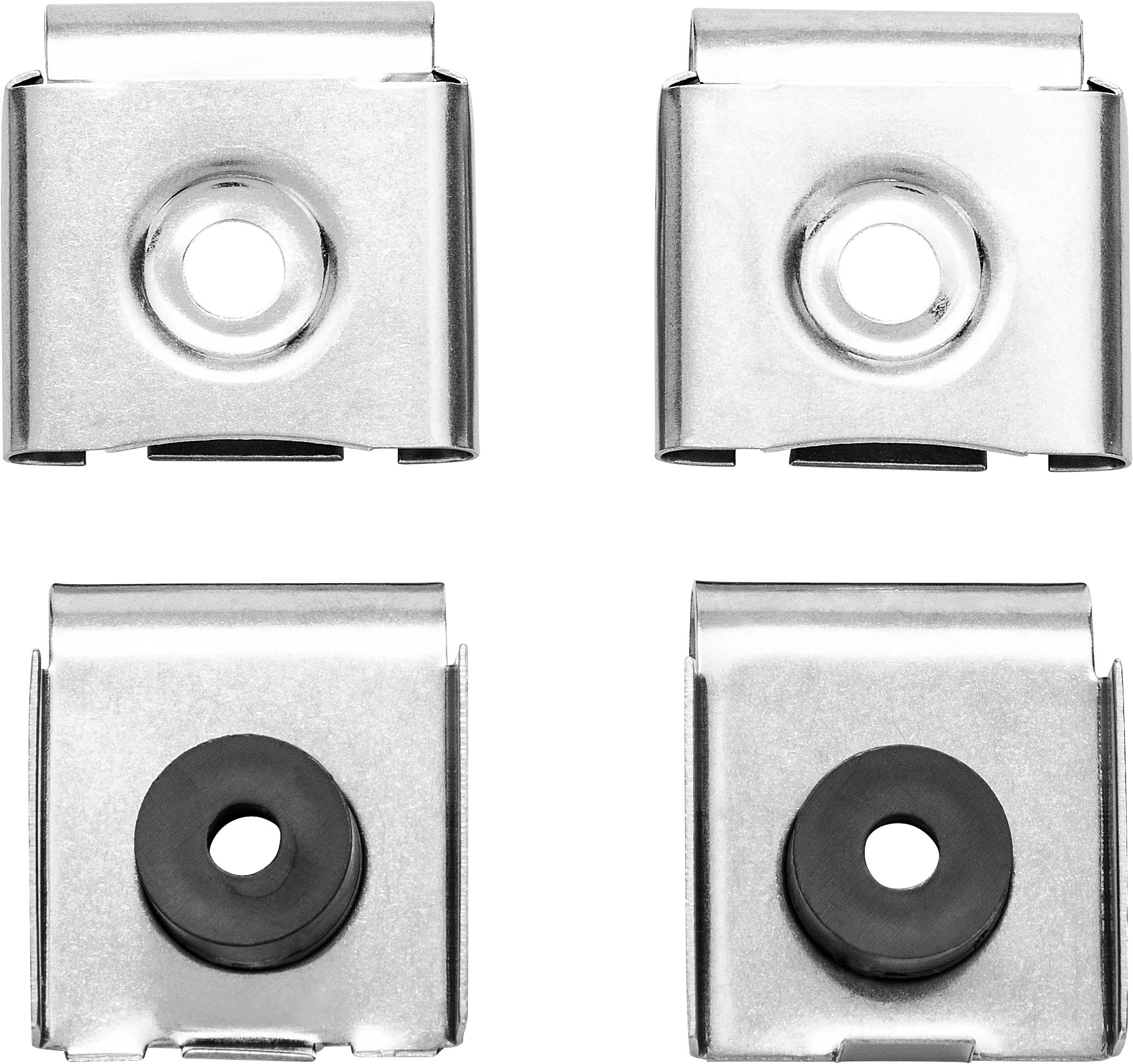 Vier Metallbefestigungen oder Klammern, die in einem 2x2-Layout angeordnet sind, zwei silberfarbene mit mittigen Löchern und zwei mit schwarzen Gummieinsätzen.