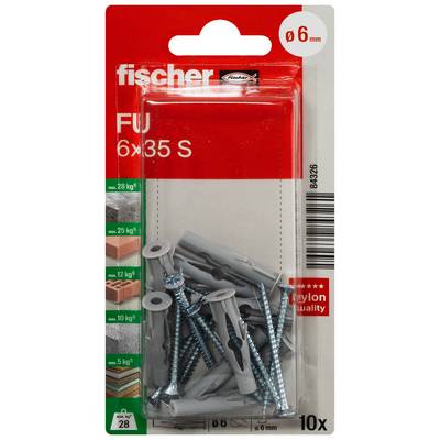 Paket mit Fischer Nylon-Dübeln und Schrauben, Größe 6 x 35 mm, 10 Stück, für 6 mm Bohrlöcher und mittlere Lasten.