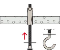 Diagramm eines Deckenhakens mit Schraube und großer Unterlegscheibe. Schraube zeigt nach oben, um das Gewicht zu stabilisieren.