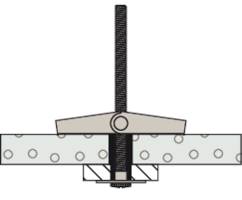 Schemazeichnung eines Bolzen-Klemmsystems, das zwei perforierte Bleche verbindet; zeigt die Montageweise und Teileanordnung.