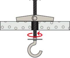 Eine Vorrichtung mit Haken, der durch eine aufgeschraubte Gewindestange gesichert ist. Ein roter Pfeil zeigt eine Drehbewegung an.
