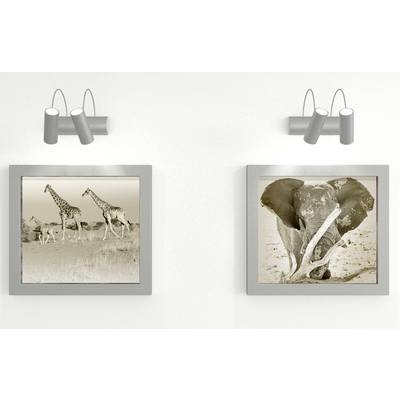 Zwei gerahmte Fotos an einer weißen Wand: links zwei Giraffen auf einer Wiese, rechts ein Elefant mit großen Ohren und Stoßzähnen.
