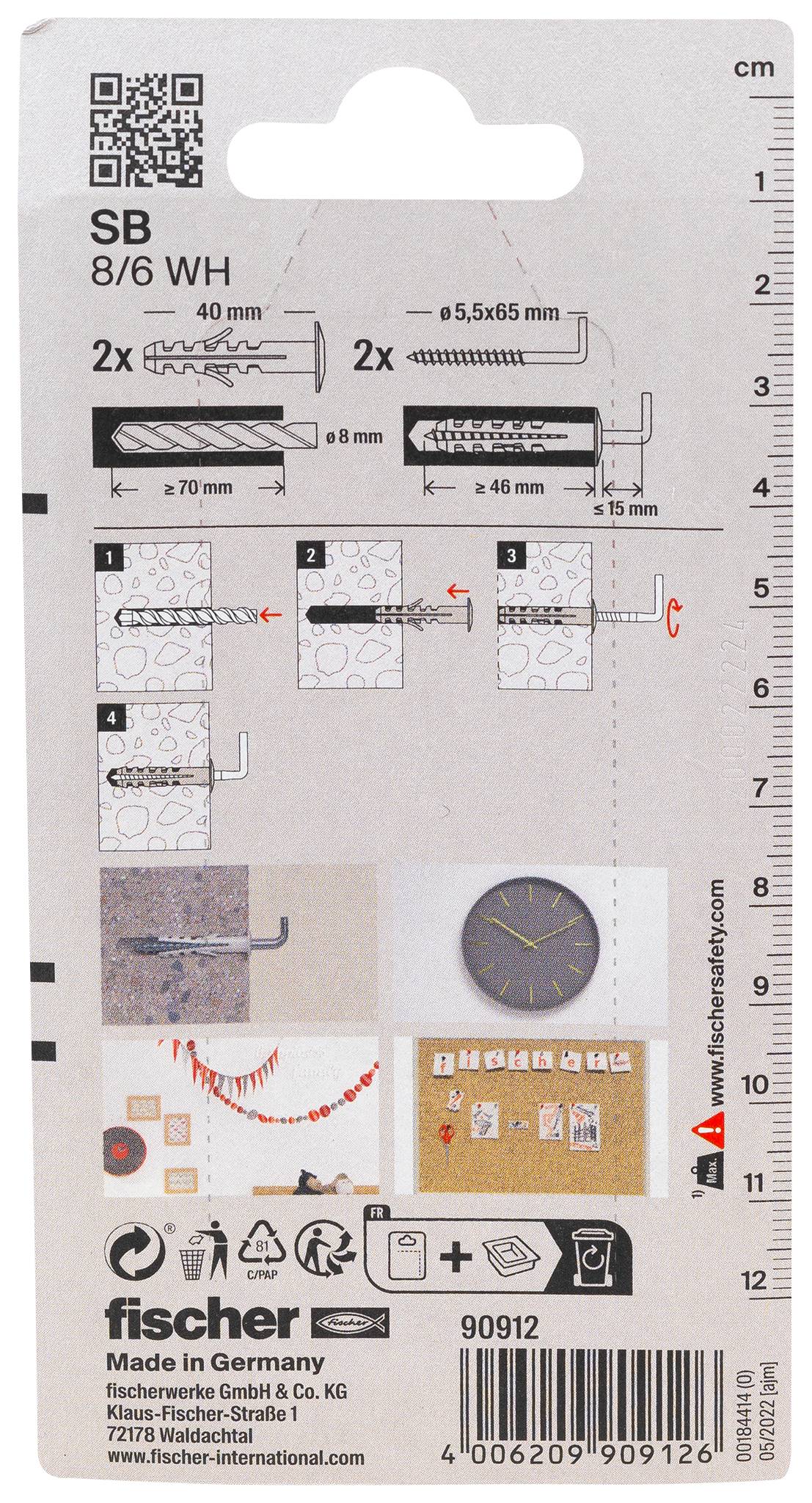 Fischer SB 8/6 WH Wandstecker-Paketaufkleber mit zwei Schraubengrößen, Installationsschritten und Produktcode 90912 mit Barcode und Maßstabskala.