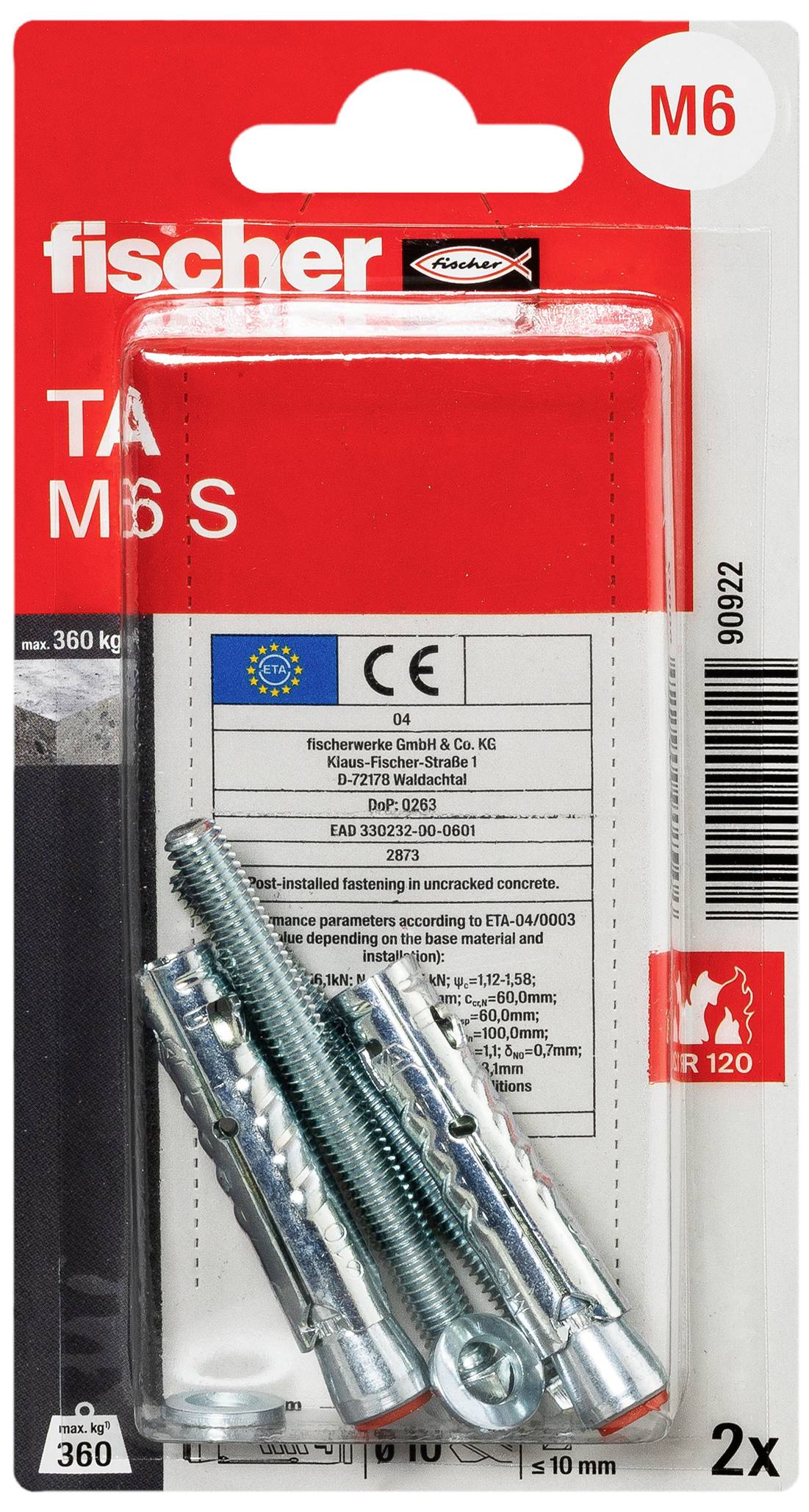 'Fischer Dübelpaket mit zwei Schrauben und Dübeln. M6-Größe, Traglast 360 kg. Geeignet für Feuerwiderstandsklasse R120.'