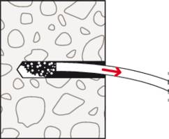 'Diagramm eines porösen Materials mit einem Pfeil, der Darstellung der Strömung durch den dichten Kern in der Mitte, nach rechts zeigend.'