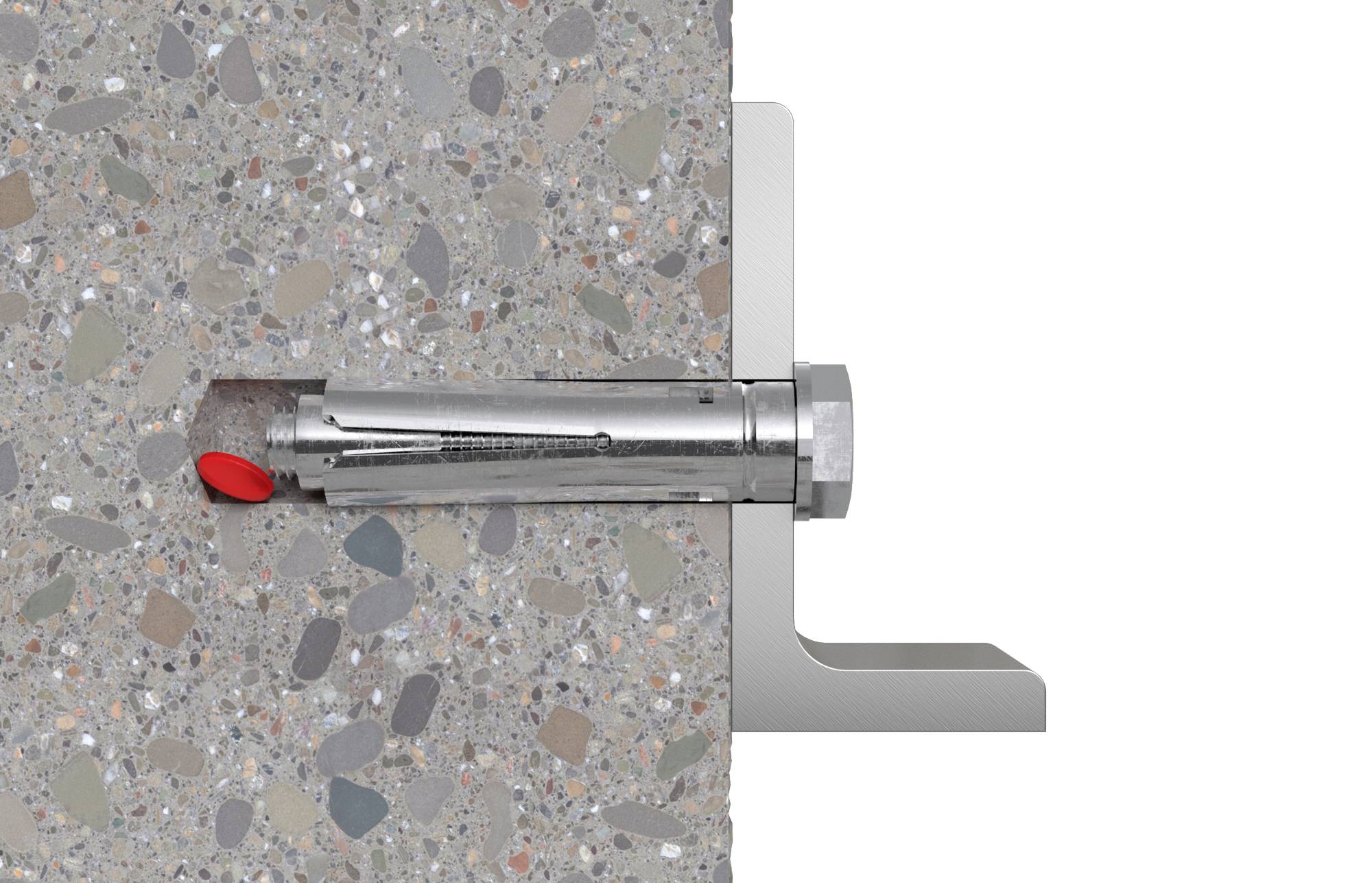 Ein Metall-Bolzenanker in einer Betonwand, hält eine Metallkonsole in Position. Der Anker ist befestigt und sichtbar von der Seite.