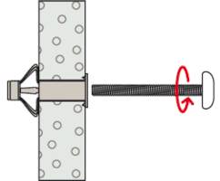 Diagramm eines Kippdübels, der durch ein Loch in einer Wand eingeführt wird. Eine Schraube wird gedreht, um den Dübel zu fixieren.