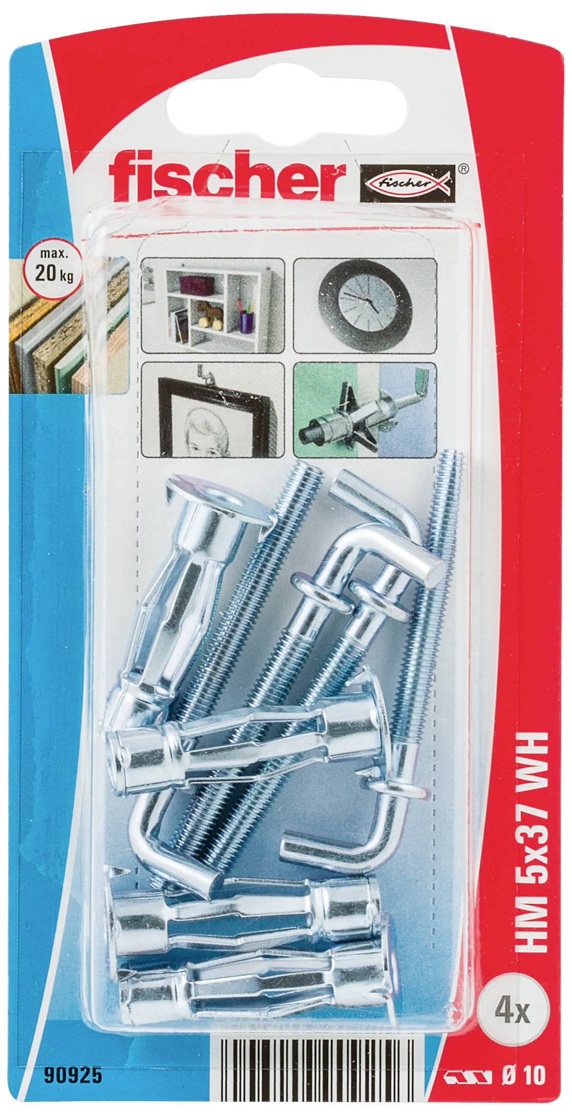 Verpackung mit vier Hohlraumdübeln und Schrauben von Fischer, geeignet für maximale Last von 20 kg, Darstellungen von Anwendungsbeispielen.