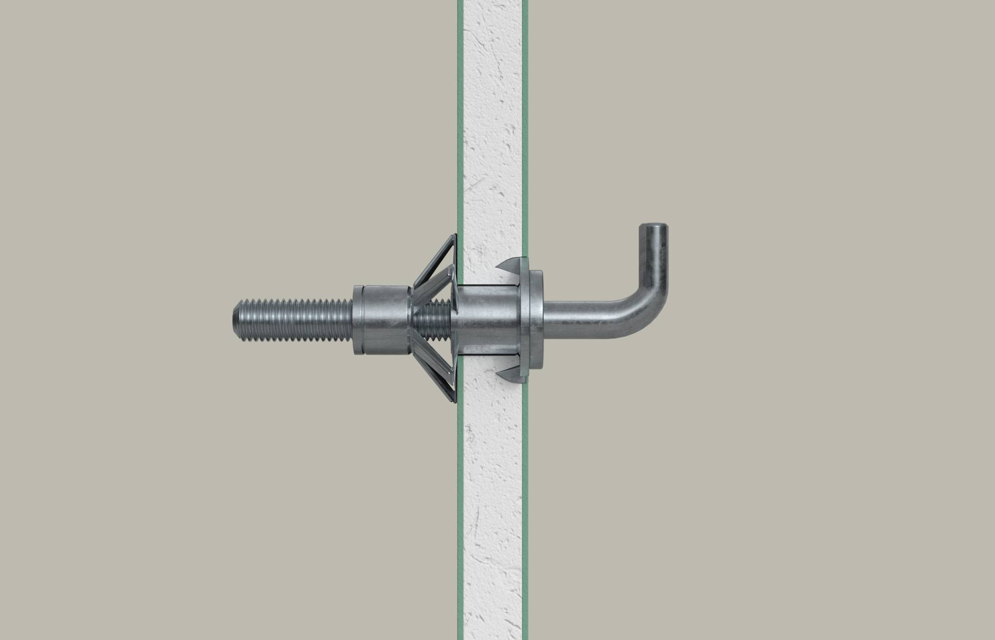 Nahaufnahme eines hohlen Spreizdübels mit Flügeln, der durch ein Paneel geführt wird und die Metallflügel zeigt, die sich hinter der Wand öffnen, um eine sichere Befestigung zu ermöglichen.