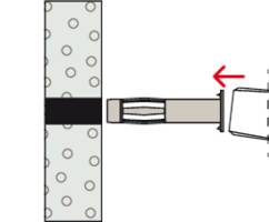 Ein Diagramm zeigt einen Dübel, der in eine mit Punkten markierte Wand eingeschlagen wird, mit einem roten Pfeil, der die Richtung anzeigt.
