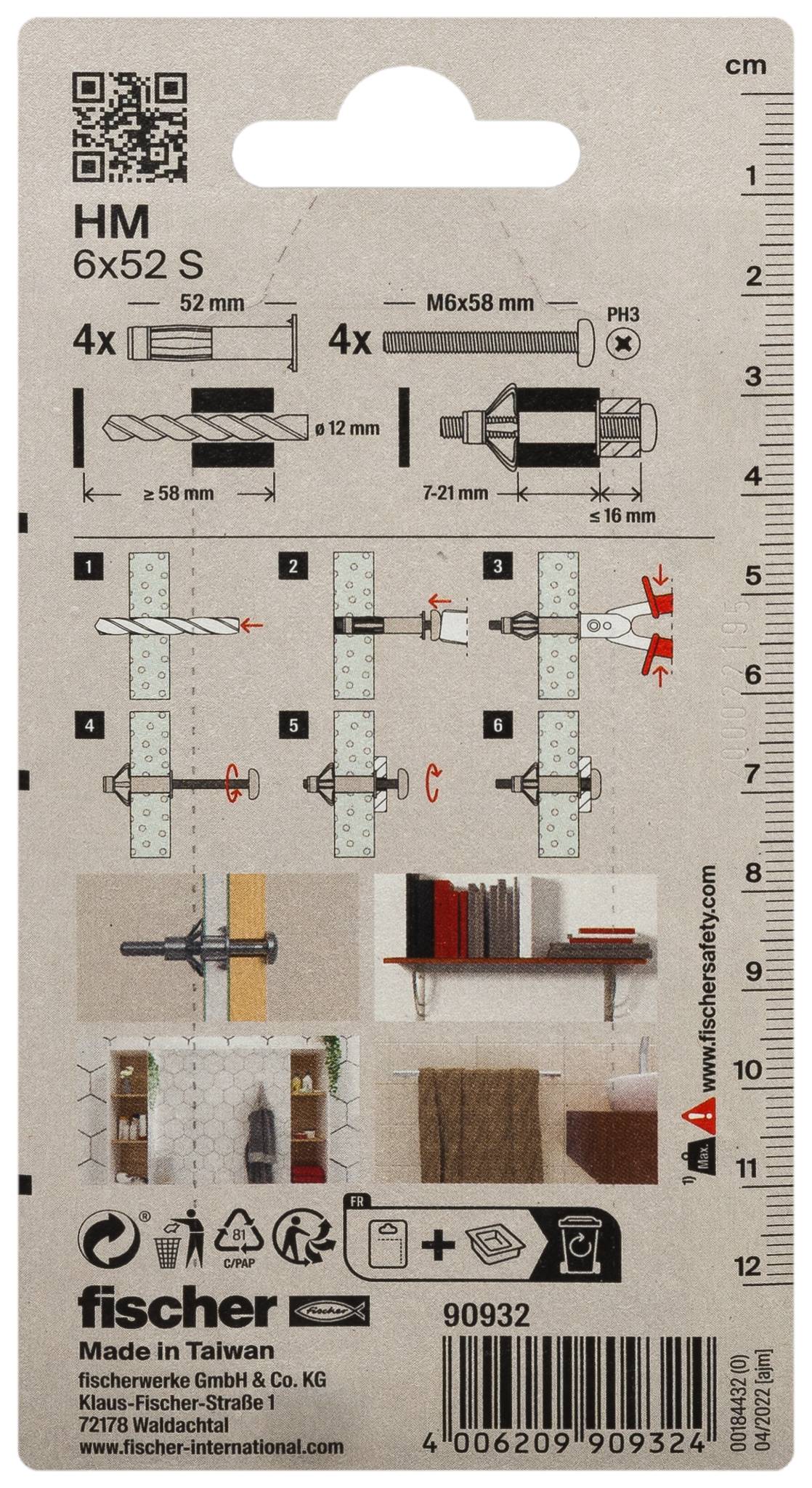 Fischer HM 6x52 S Wanddübel-Pack mit 4 Dübeln und Schrauben, zeigt Installationsschritte, Abmessungen und Tragfähigkeits-Symbole.