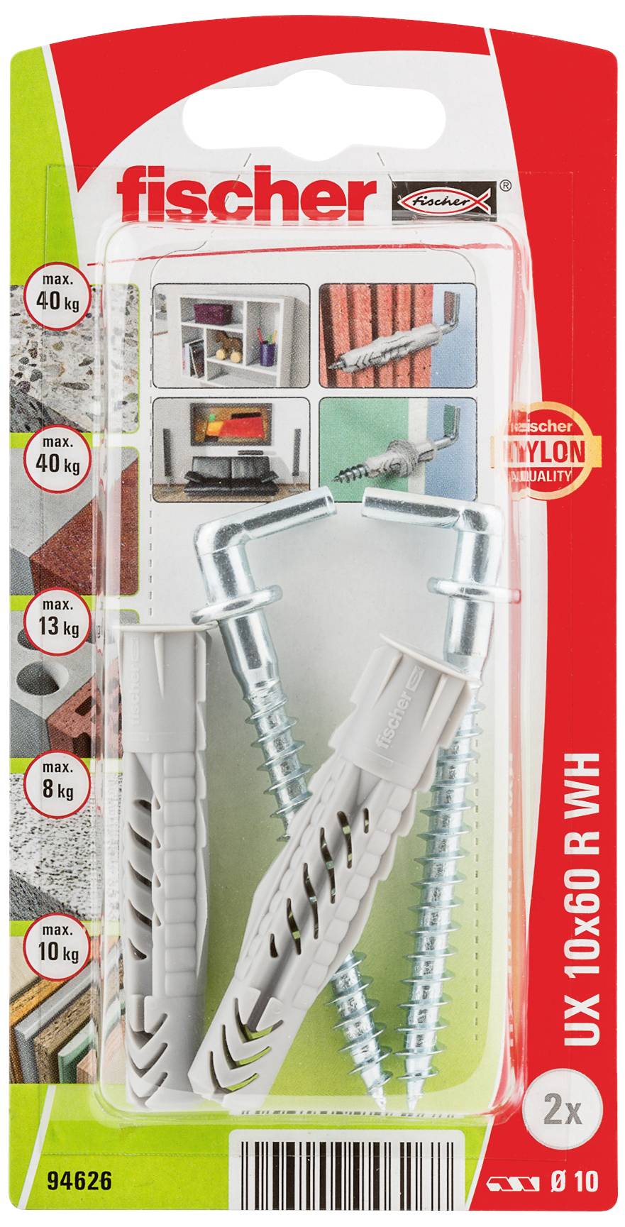 Verpackung von Fischer UX 10x60 R WH Universaldübel mit Schrauben; ideal für Montage in Beton, Ziegel oder Rigips; max. Belastung bis 40 kg.