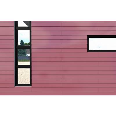 Ein rosa Gebäude mit zwei modernen, vertikal und horizontal ausgerichteten Fenstern, umgeben von einer ruhigen, bewölkten Landschaft.