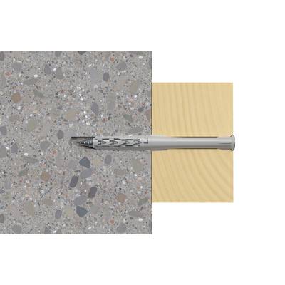 Querschnitt durch eine Wand: Ein grauer Dübel ist in Beton und Holz eingebracht. Der Beton hat eine gesprenkelte Oberfläche.