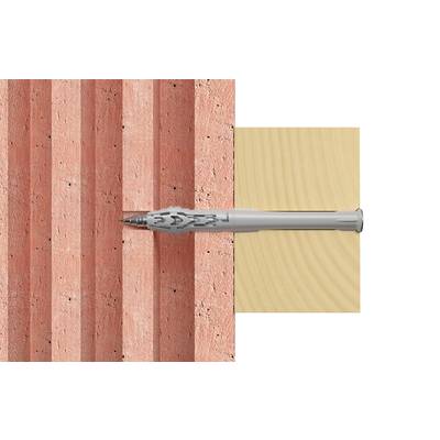 Ein Nagel wird in eine Ziegelwand eingeschlagen. Auf der rechten Seite befindet sich ein Stück Holz, das an der Wand befestigt ist.