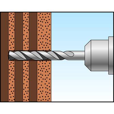 Ein Bohrer dringt in eine Ziegelwand ein. Links die braune Ziegelstruktur, rechts der metallische Bohrkopf in Aktion.