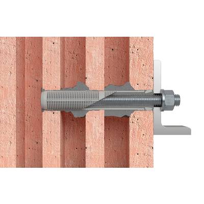 Ein Metallschraubenanker ist in einer Ziegelwand installiert. Die Schraube ist durchgeschnitten, um ihre Verankerung im Ziegel zu zeigen.