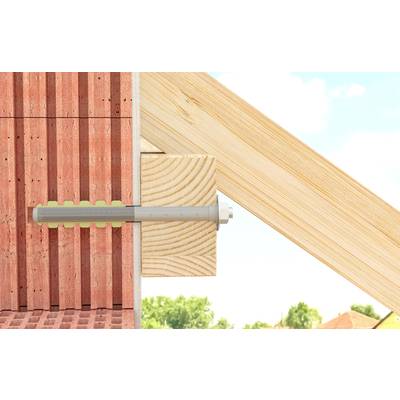 Holzbalken an einer Ziegelwand mit Dübel befestigt, zeigt eine technische Schnittdarstellung der Verbindungselemente.