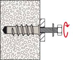 Eine Schraube wird in eine Wand gedreht. Eine Mutter wird mit einem Schraubenschlüssel festgezogen, um die Schraube zu sichern.