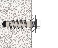 Schema eines Wandankers: Ein Schraubbolzen ist in eine Betonwand eingelassen, fixiert durch eine Mutter und Unterlegscheibe.