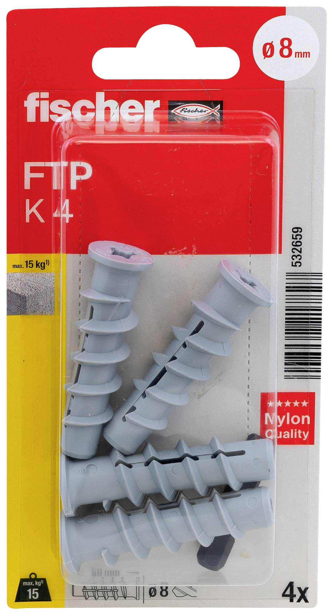 Verpackung mit vier grauen Nylon-Dübeln der Marke Fischer, Modell FTP K 4, geeignet für 8 mm Bohrlöcher, Belastung bis 15 kg.