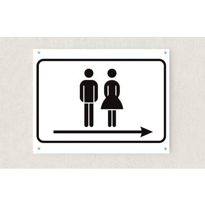 Schild mit Piktogramm von Mann und Frau, Pfeil zeigt nach rechts. Hinweis auf Toiletten in dieser Richtung.