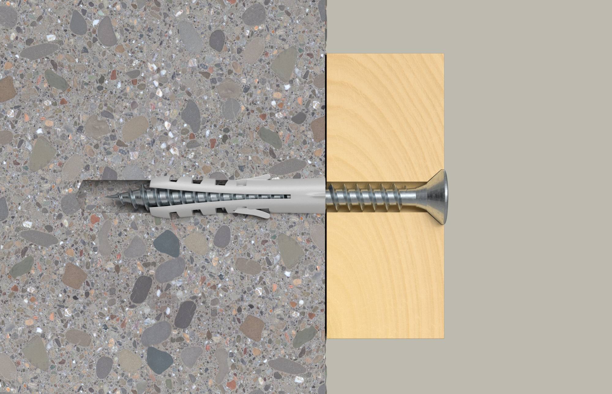 Diagramm einer Gewindeanker, die in Beton neben einem Holzblock getrieben wird, wobei der Anker sich ausdehnt, um den Beton zu greifen und das Holz zu sichern.