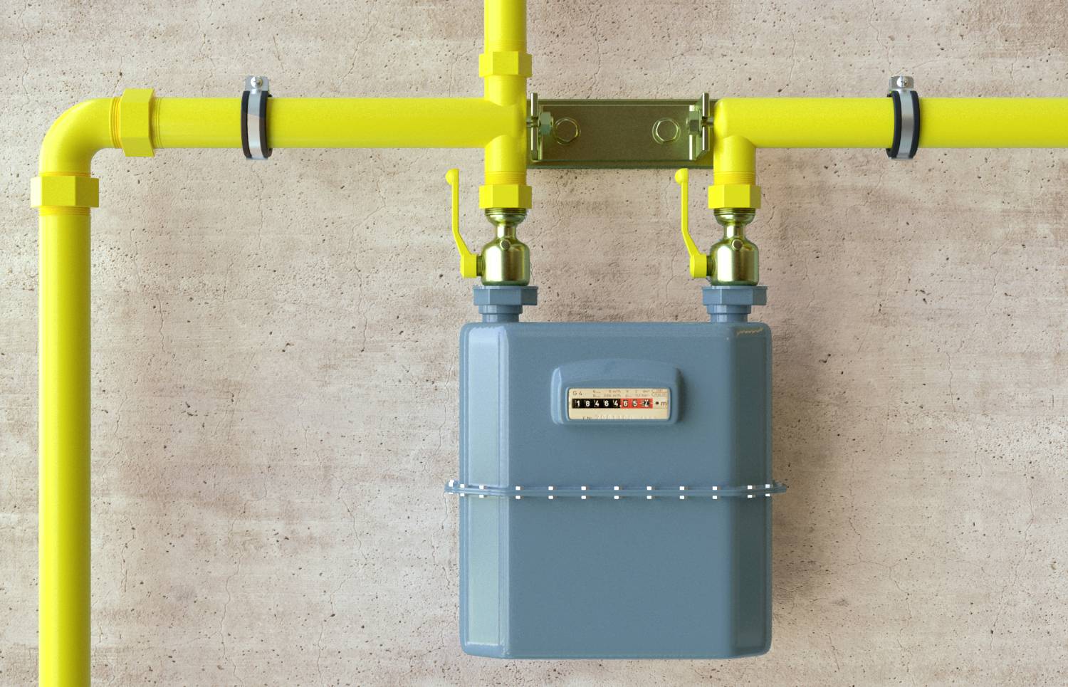 Ein Gaszähler an einer Wand mit gelben Rohren. Der Zähler zeigt den aktuellen Verbrauch an. Hintergrund ist eine Betonwand.