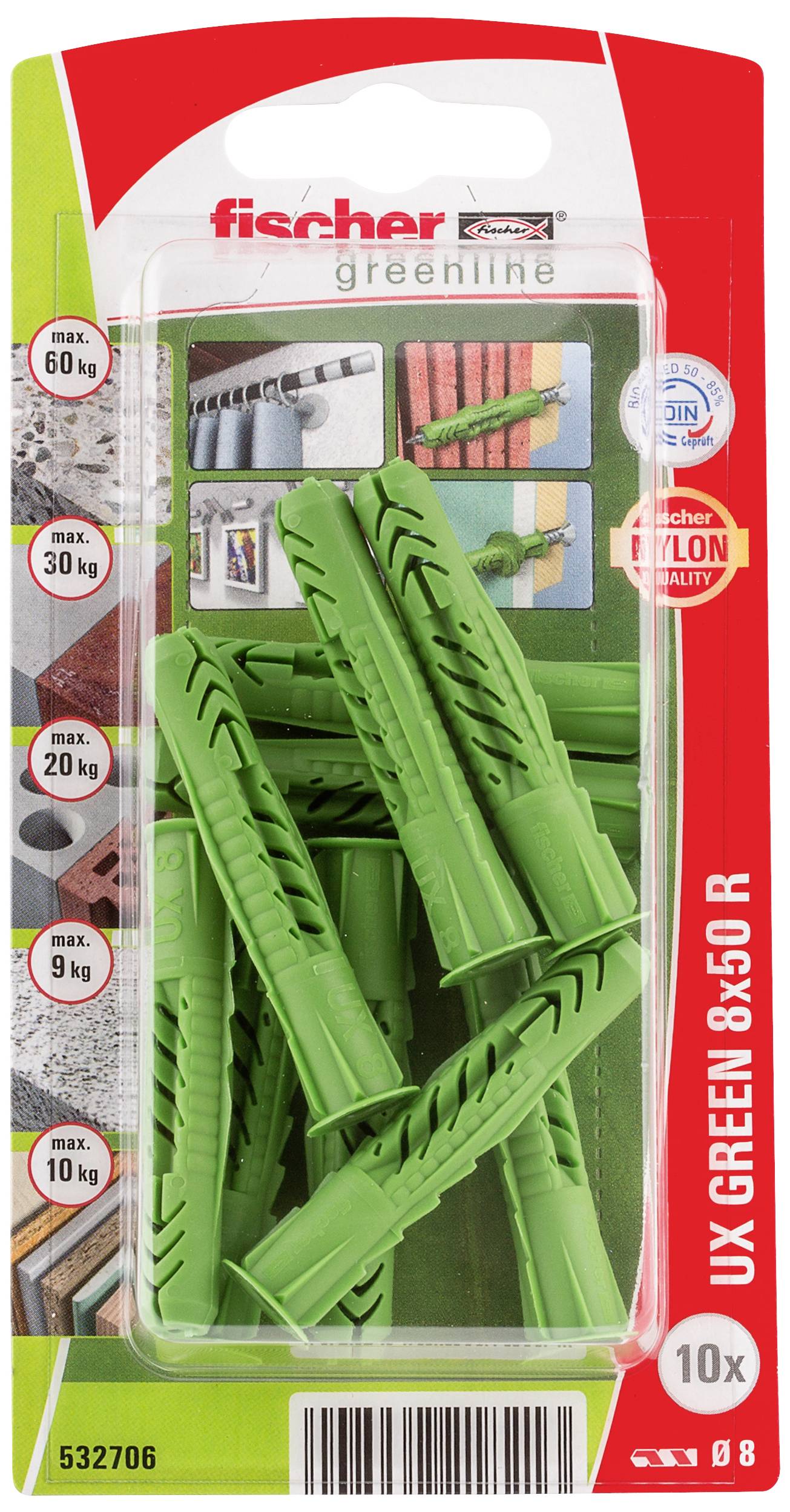 Verpackung von grünen Kunststoff-Dübeln der Marke Fischer Greenline. Geeignet für verschiedene Lasten, max. bis 60 kg.