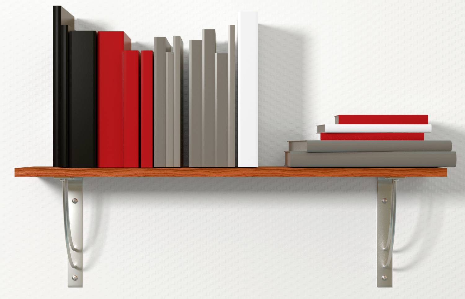 Ein Holzregal mit verschiedenen Büchern in roten, grauen und weißen Einbänden, einige Bücher liegen horizontal gestapelt.