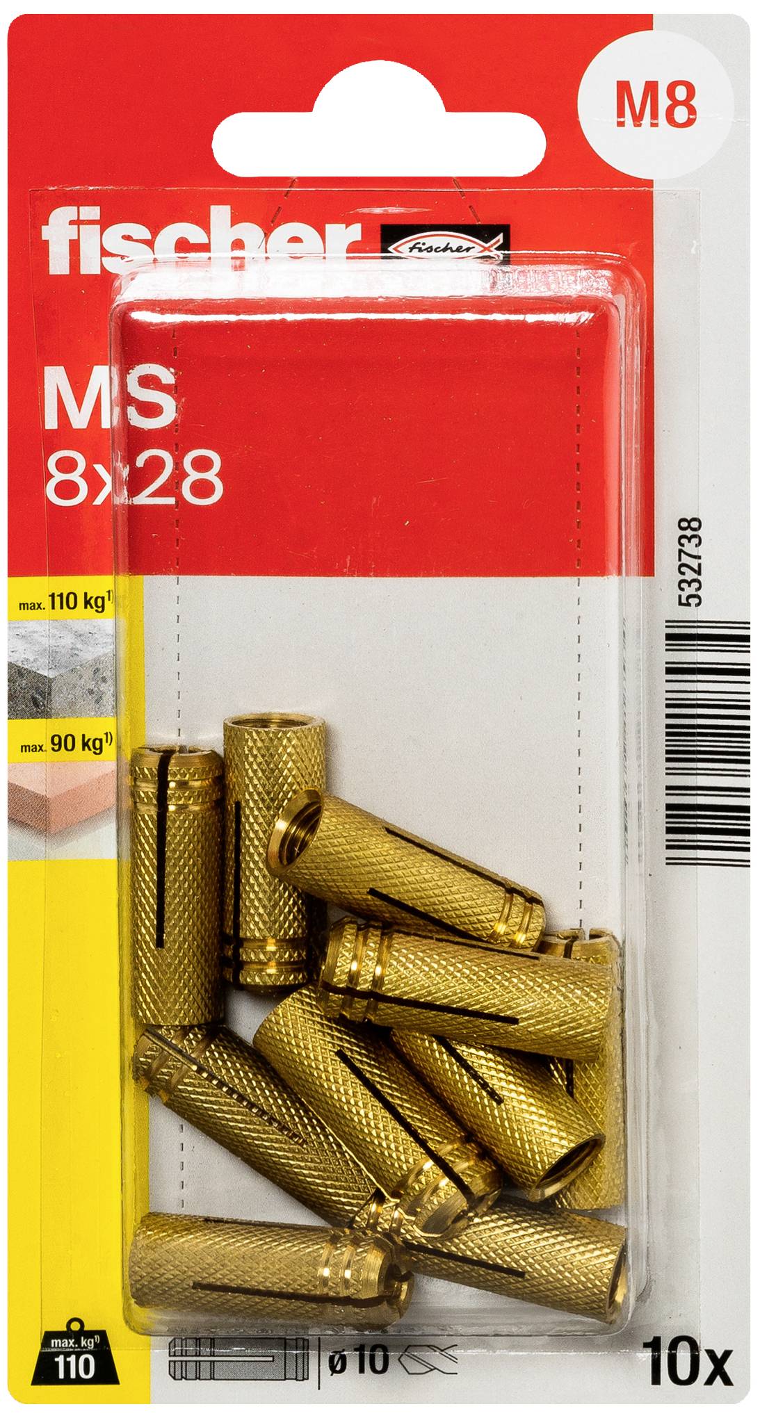 Verpackung mit zehn goldfarbenen Fischer MS 8x28 Metallspreizdübeln, geeignet für 110 kg und 90 kg Belastungen.