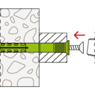 Ein Diagramm, das zeigt, wie ein Dübel in eine Wand eingefügt wird. Der Dübel wird durch eine Schraube befestigt, die nach rechts geschraubt wird.