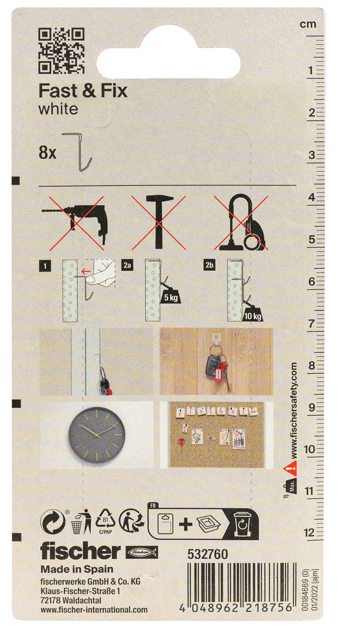 Verpackung für Fischer Fast & Fix weiße Dübel, 8er-Pack, mit Anzeige von Schraube/Dübel-Verwendung, Lastbeispielen bis zu 10 kg und Produktbarcode/Details.