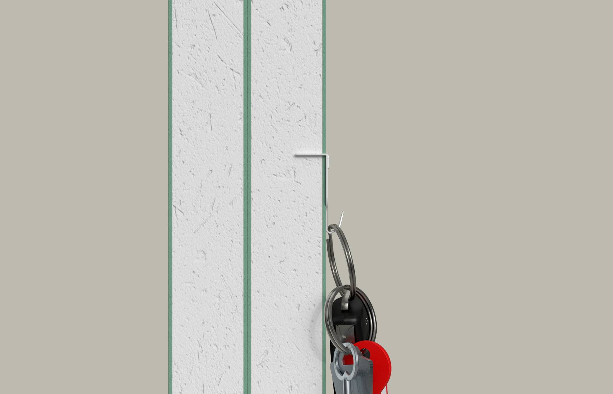Zwei weiße strukturierte vertikale Paneele mit grünen Kanten werden in Nahaufnahme gezeigt, mit einem Metallring, einem schwarzen Haken und einem roten Teil in der Nähe der unteren rechten Ecke befestigt.
