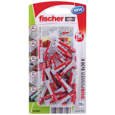 Packung mit Fischer-Dübeln, Typ DUOPOWER 6x30 K, 28 Stück. Illustrationen zeigen Anwendungsmöglichkeiten in Beton, Ziegel und Gips. Maximale Belastung variiert je nach Material.