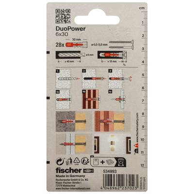 Fischer DuoPower 6x30 Wanddübel-Set, zeigt Bohr- und Schraubengröße, Installationsschritte, Belastungssymbole, Strichcode und Produktnummer 534993.