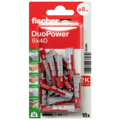 Packung mit 18 Fischer DuoPower 8x40 Dübeln, geeignet für verschiedene Materialien. Trägt bis zu 110 kg pro Dübel. Enthält 2K-Technologie.