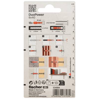 Fischer DuoPower 8x40 Wanddübel Verpackung mit Installationsschritten, Abmessungen und enthaltener Menge 18x auf einem weißen Produktetikett.