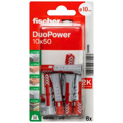 Packung Fischer DuoPower Wanddübel, 10x50 mm, mit 8 roten und grauen Dübeln in Blisterverpackung.